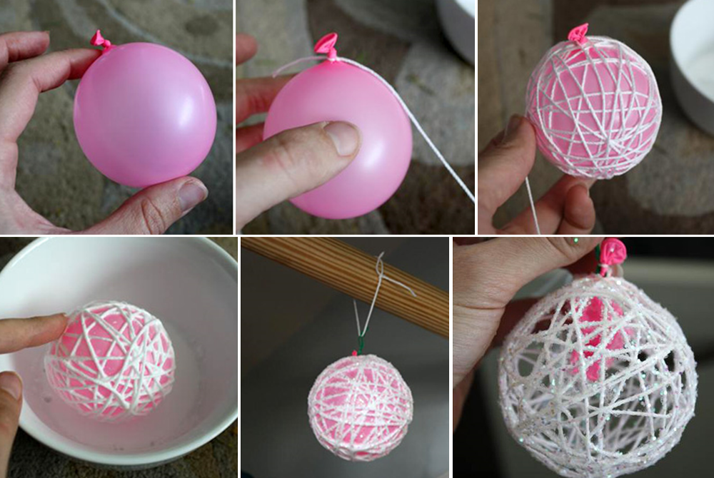 Steps for making a christmas ball with cotton thread