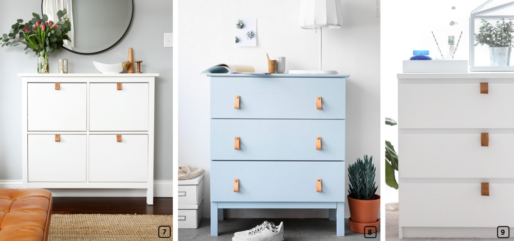 Leather handles on three chests of drawers