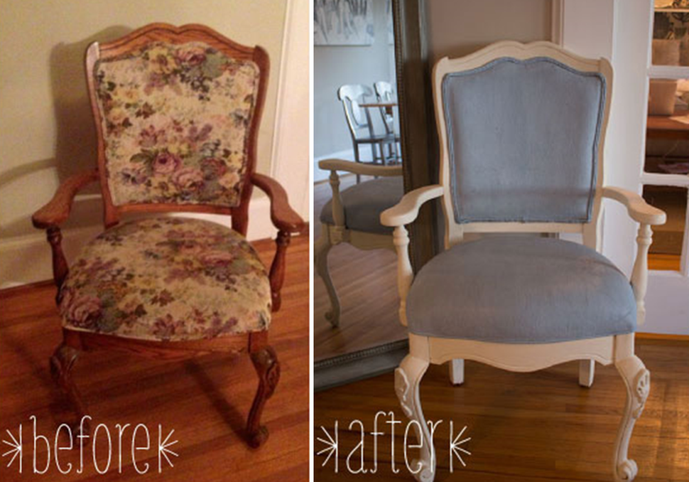 Before and after photo of a painted chair, from Joujou My Love