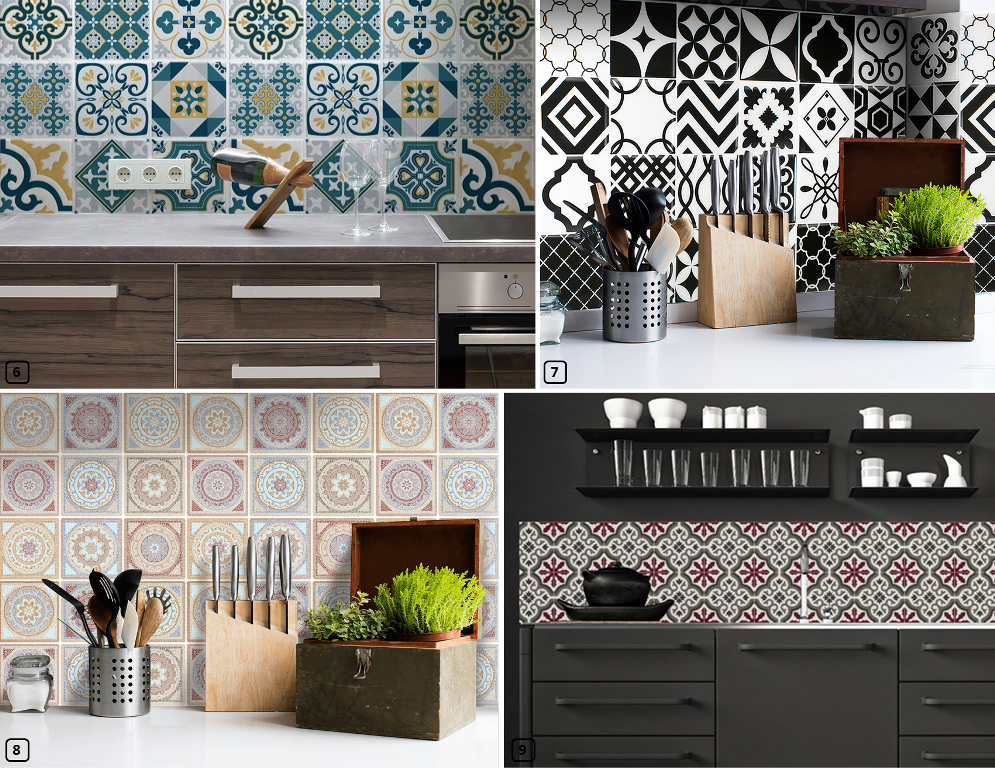 Adhesive backsplash in ciment tiles style