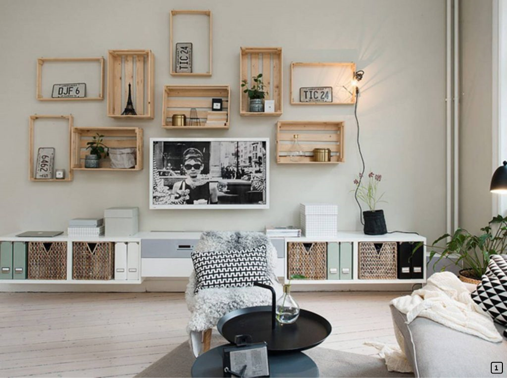 Crates on the wall as shelves