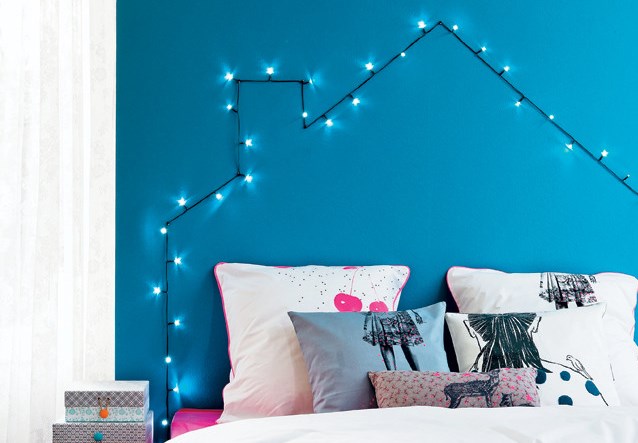 DIY headboard with a string of lights