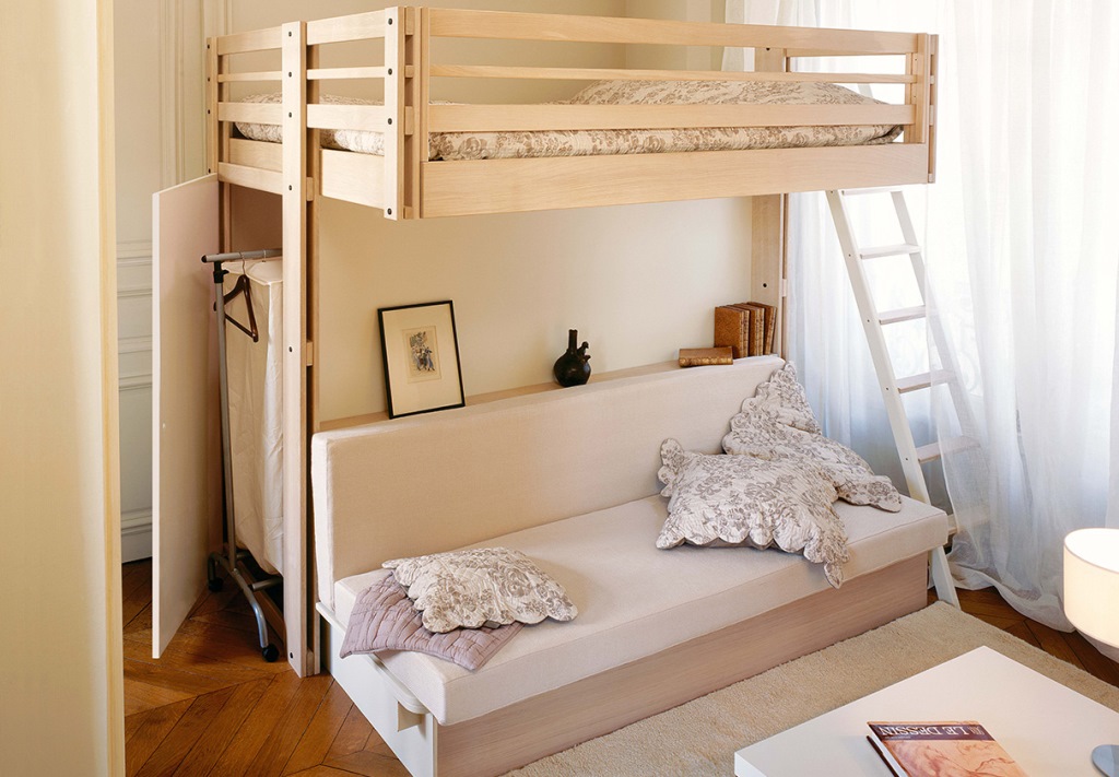 Mezzanine bed in a living room