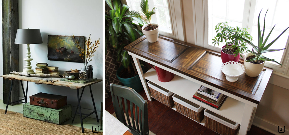 Upcycled old wooden doors as console tables