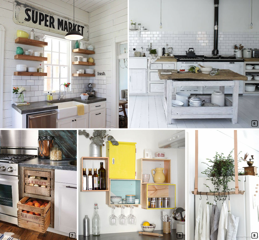 Crates, wine boxes, rustic shelves... in the kitchen