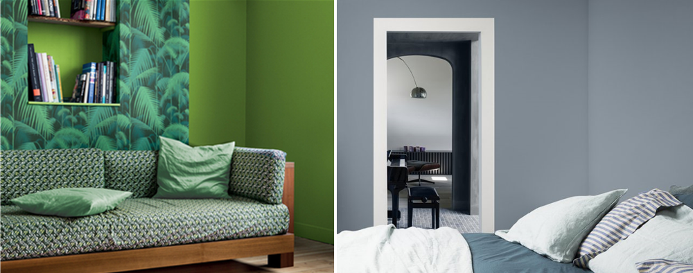Green and blue grey colours on the walls in a living room and a bedroom