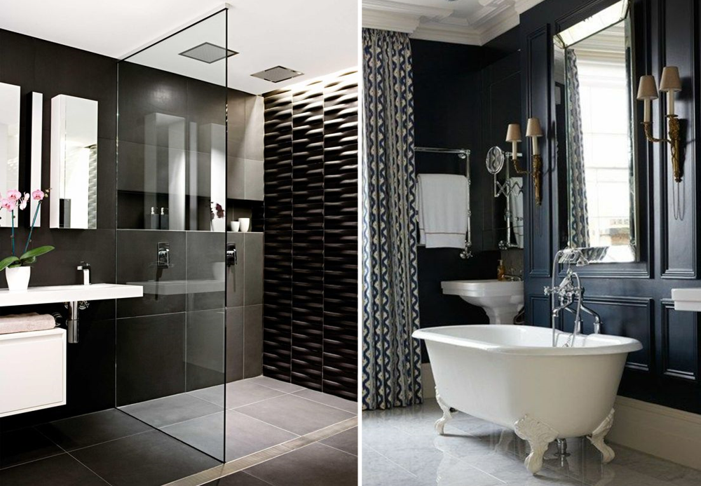 Black bathrooms in a modern style and a retro one