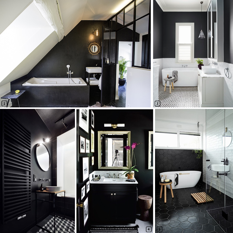 5 black bathrooms with paint, tiles and waxed concrete
