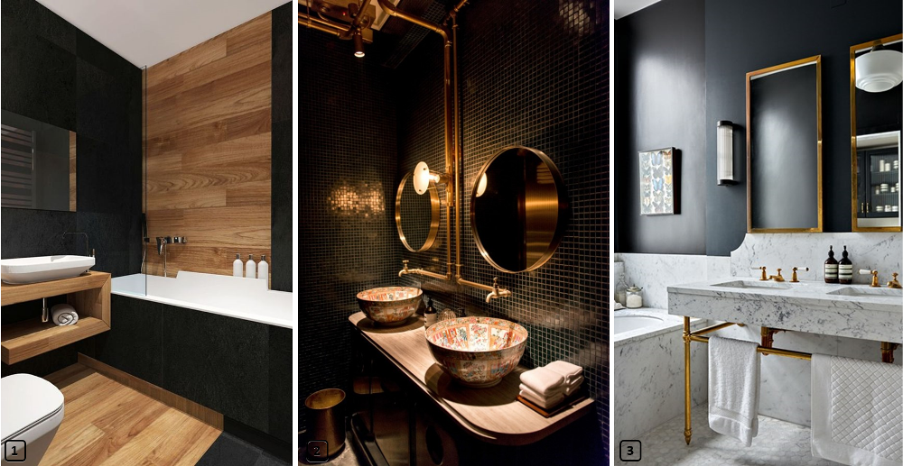 3 black bathrooms with wood, marble and gold metal