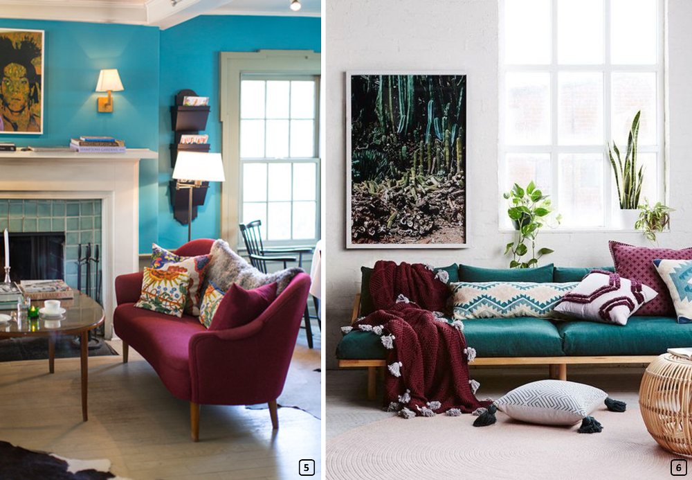 Blue and bordeaux colours in two living rooms
