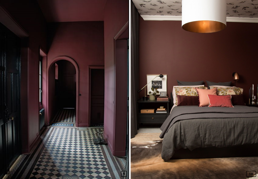 Black and other dark colours mixed with bordeaux walls in a corridor and a bedroom