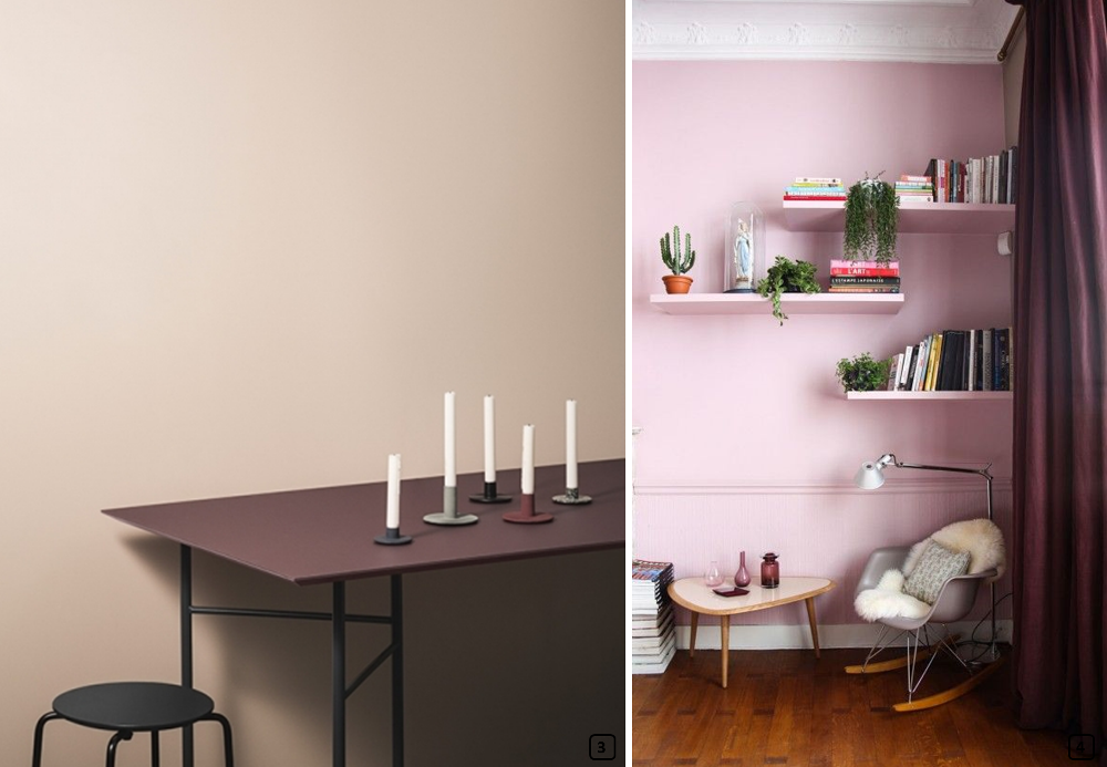 Pink walls with a table and a curtain in bordeaux colour
