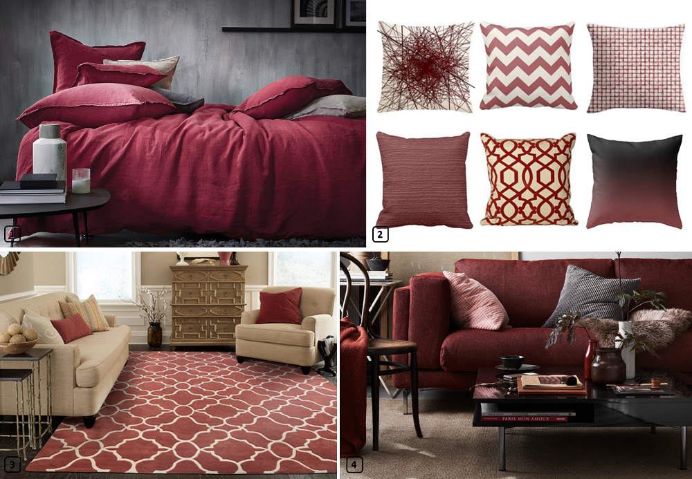 Bordeaux bed linen, pillows, rug and sofa