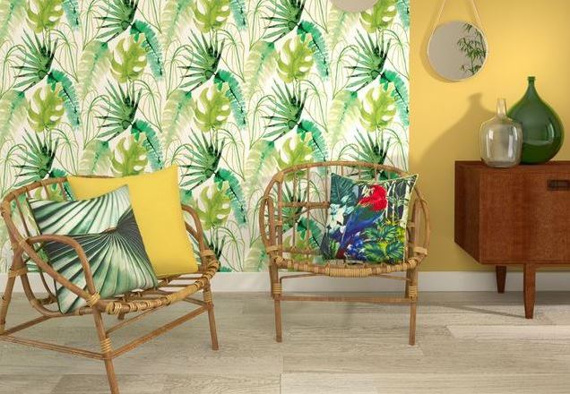 Jungle style with palm patterned wallpaper