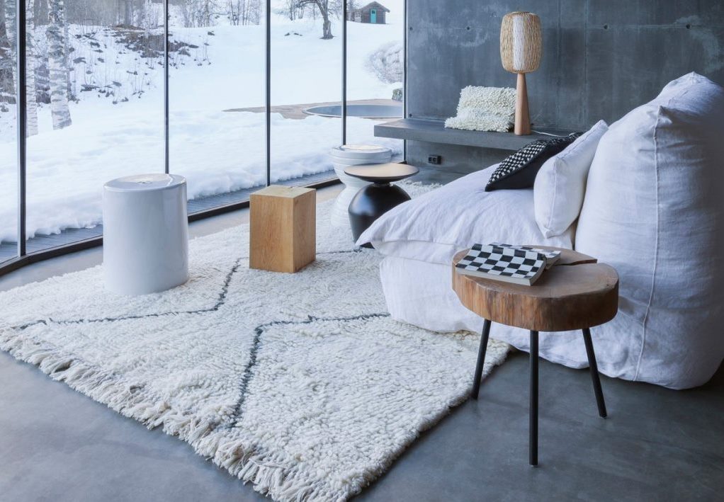 Large white rug in front of a window with snow outside