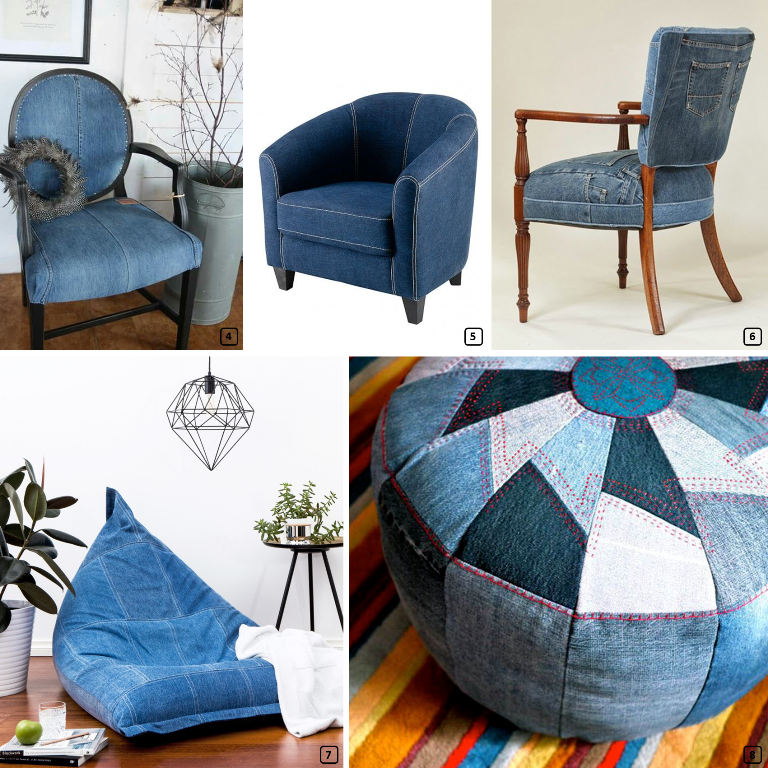 Chairs, poufs, seats made with jeans