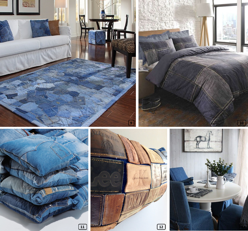 Rugs, cushions, bedspraids... jean textiles in interiors
