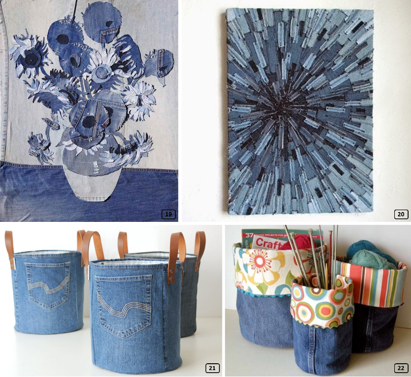 Paintings and storage boxes in jeans at home