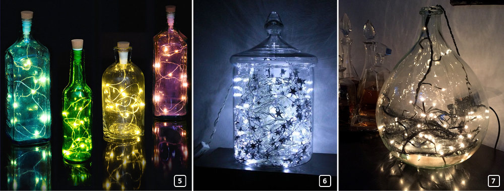 Garland lights under glass bottles and vases