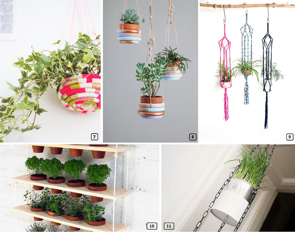 Home-made pots with macrame, can, rope, wooden rings...