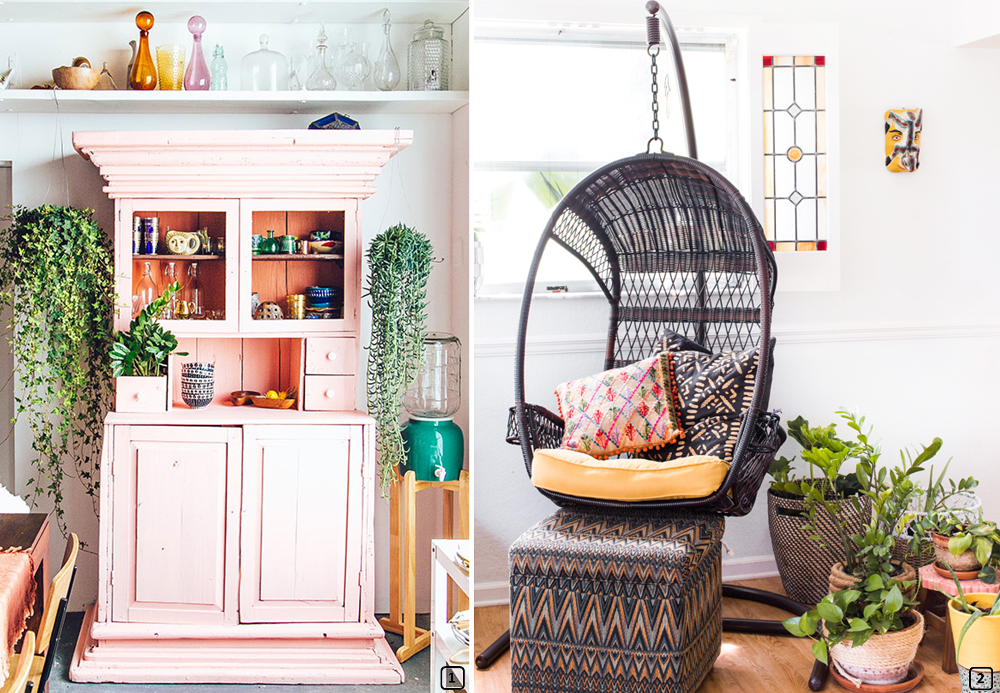 Eclectic furniture with pink buffet and rattan chair