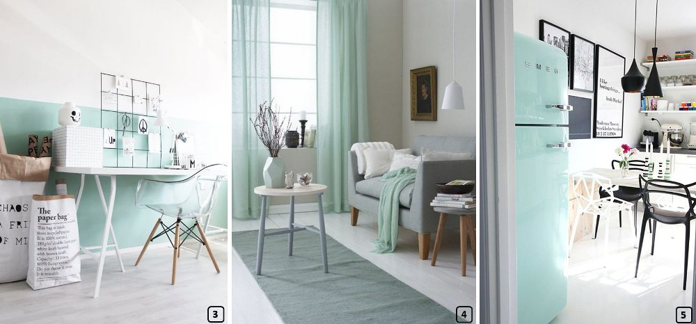 Mint colour via painted walls, furniture, textiles