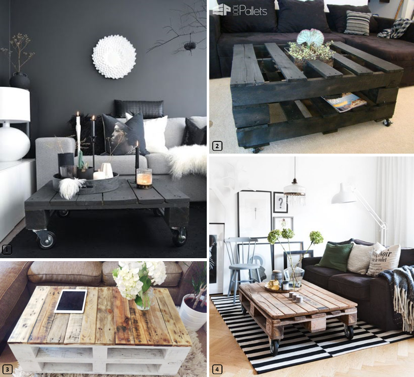 4 coffee tables in a living room made out of wooden pallets