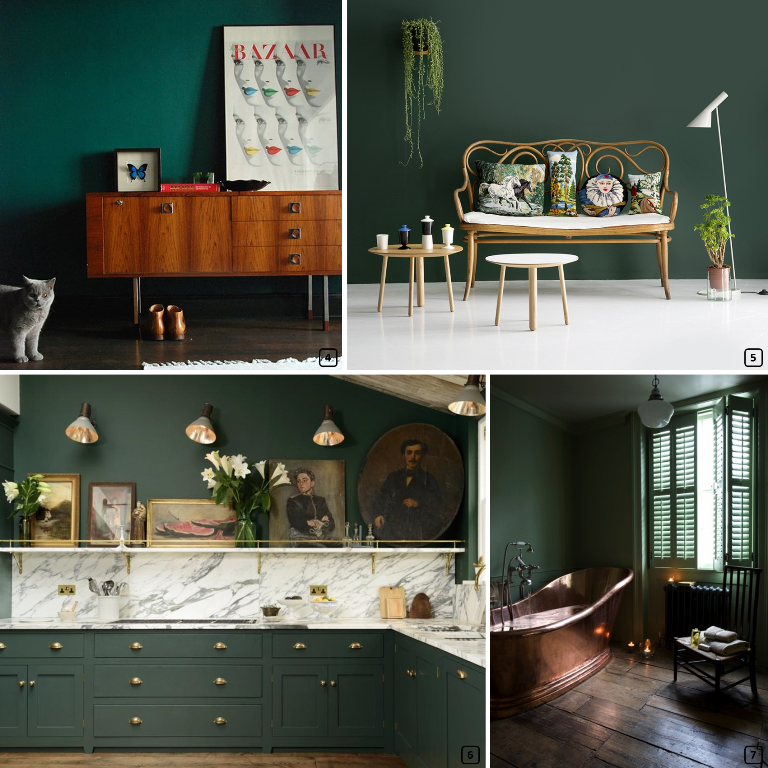 Pine green color paired with wood, rattan, marble and cooper