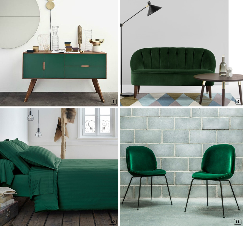 Pine green color on furniture and textiles