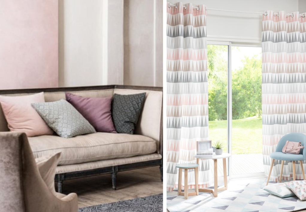 Mixing patterns by shade on curtains, cushions and carpets