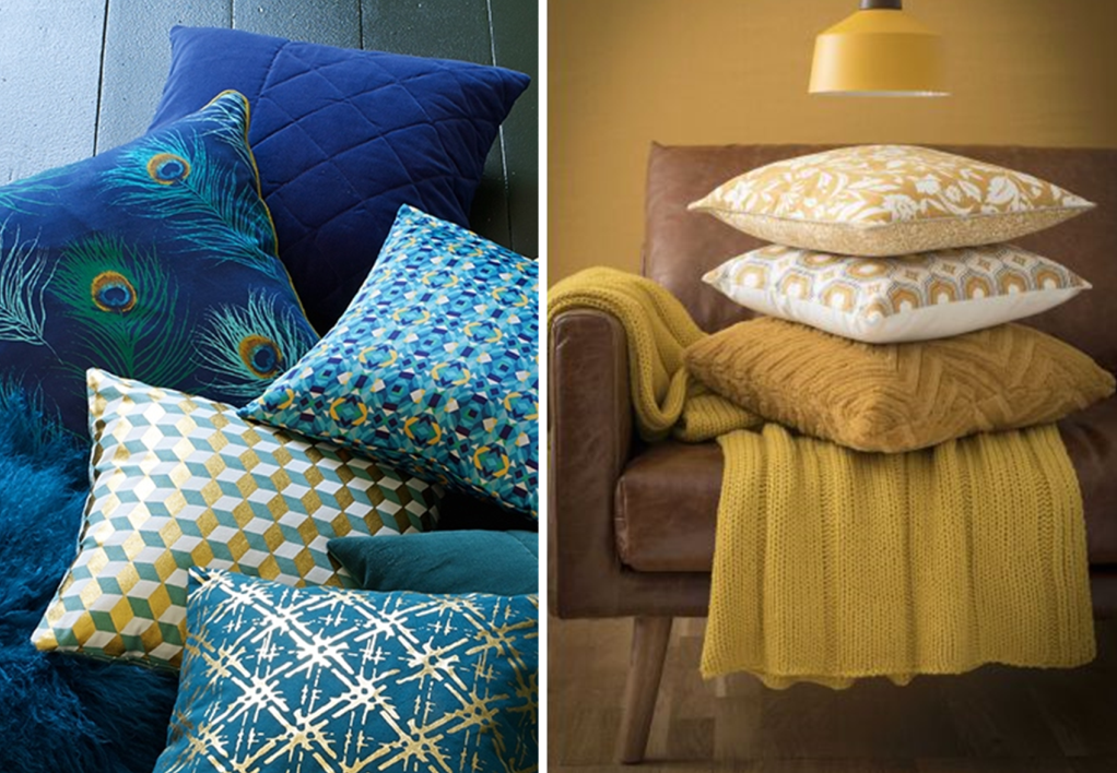 Blue and yellow cushions with different patterns