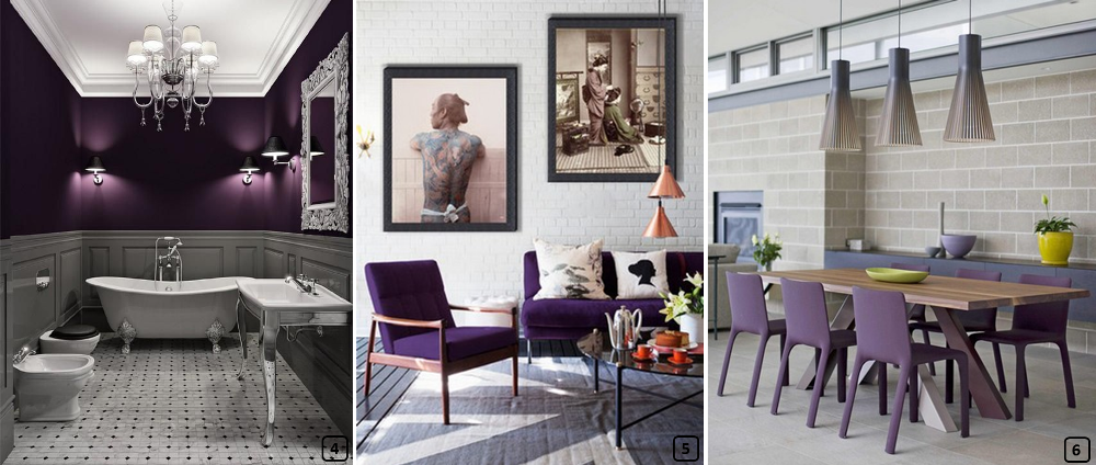 Purple color in ethnic, baroque and industrial interiors