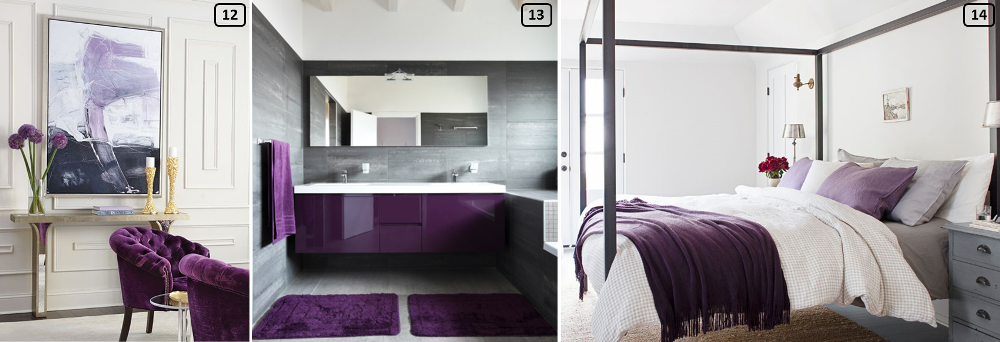 Purple color combined with clear and neutral tints in interiors