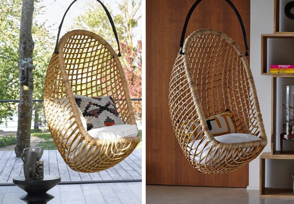 Hanging chairs in rattan outside and inside
