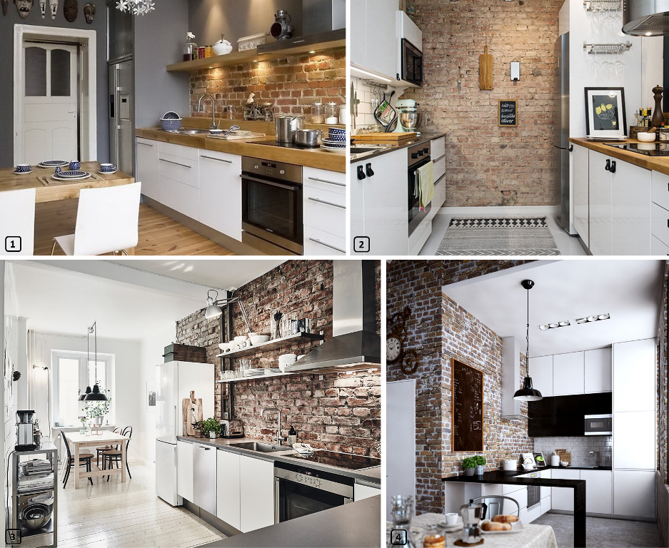 Kitchens with red brick walls