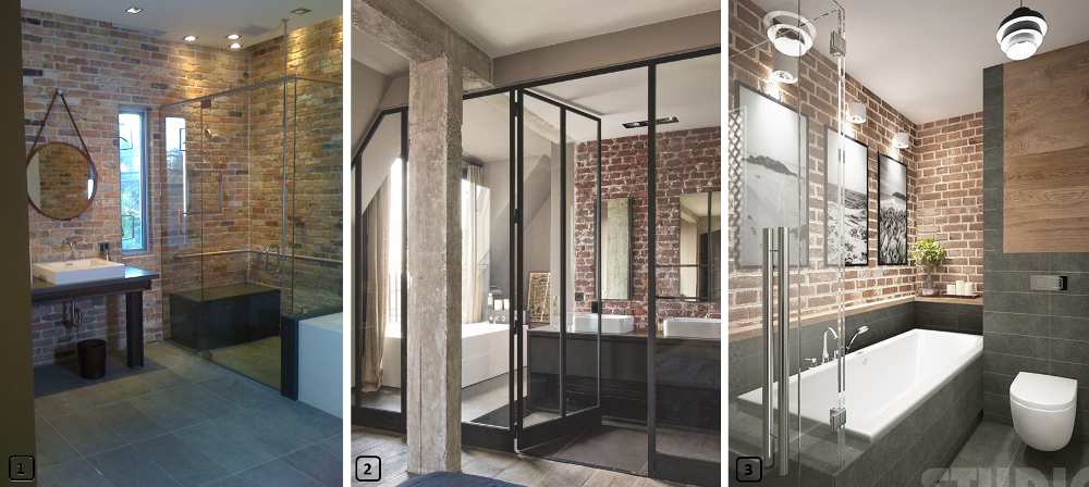 Three bathrooms with red brick walls
