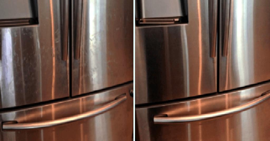 Before/after fingerprints on a stainless steel fridge