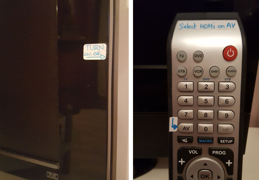 Stickers on the tv and the remote control